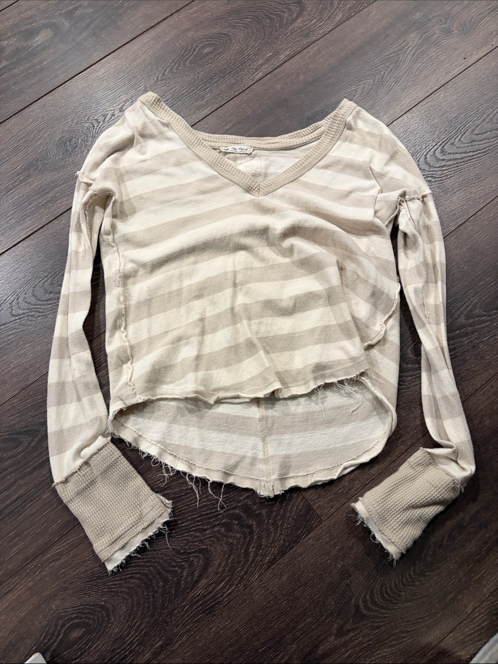 We The Free Cream and Tan Striped V-Neck Long Sleeve Top